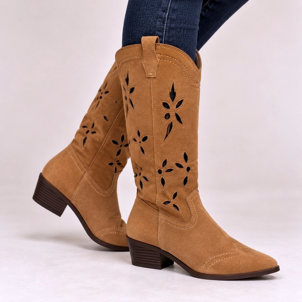 No Boundaries Womens Tan Faux Suede Floral Laser Cut Western Cowboy Boots Size 9